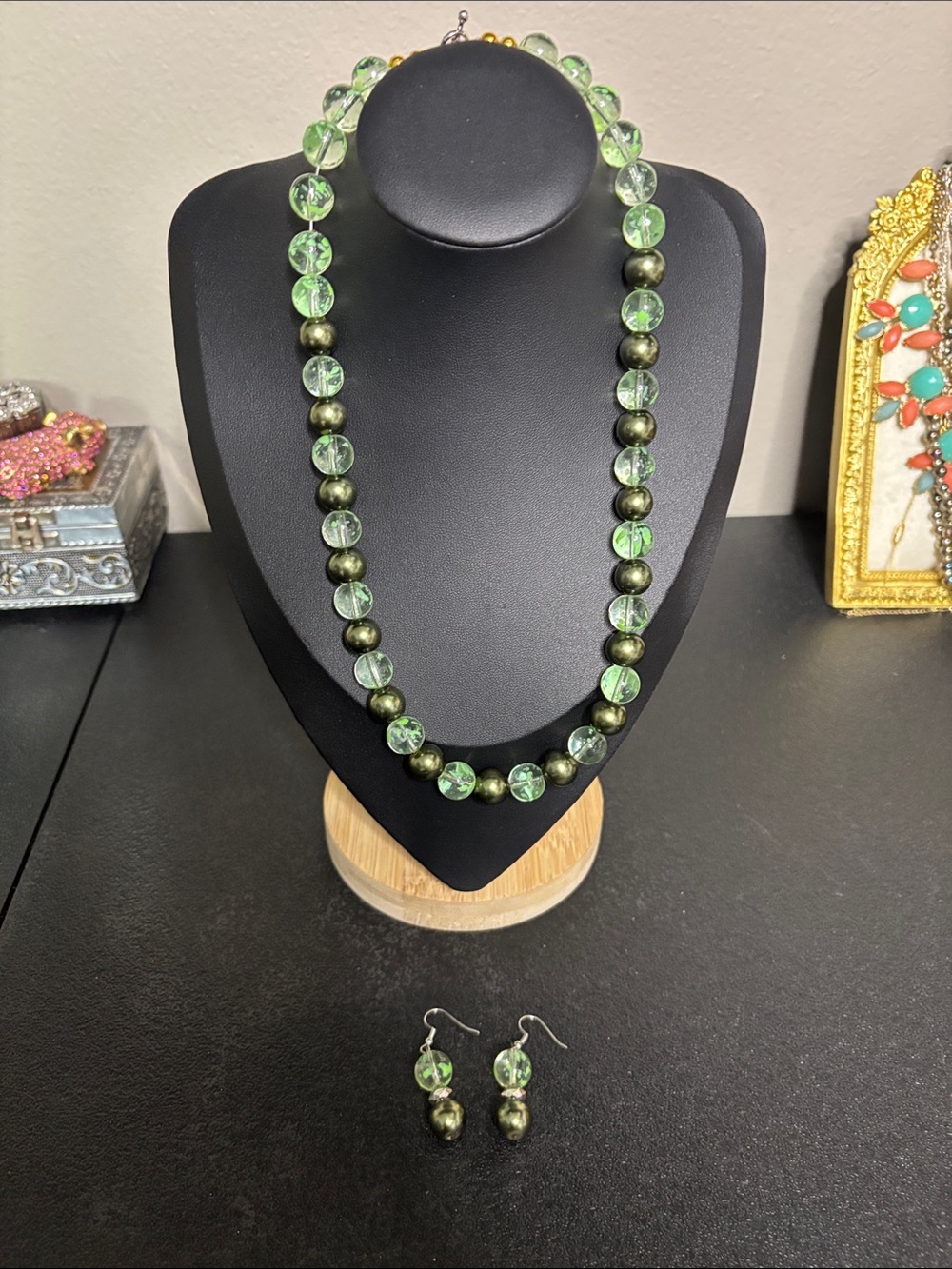 Handcrafted Green Beaded Necklace Earring Set - Elegant Glass Metallic Beads